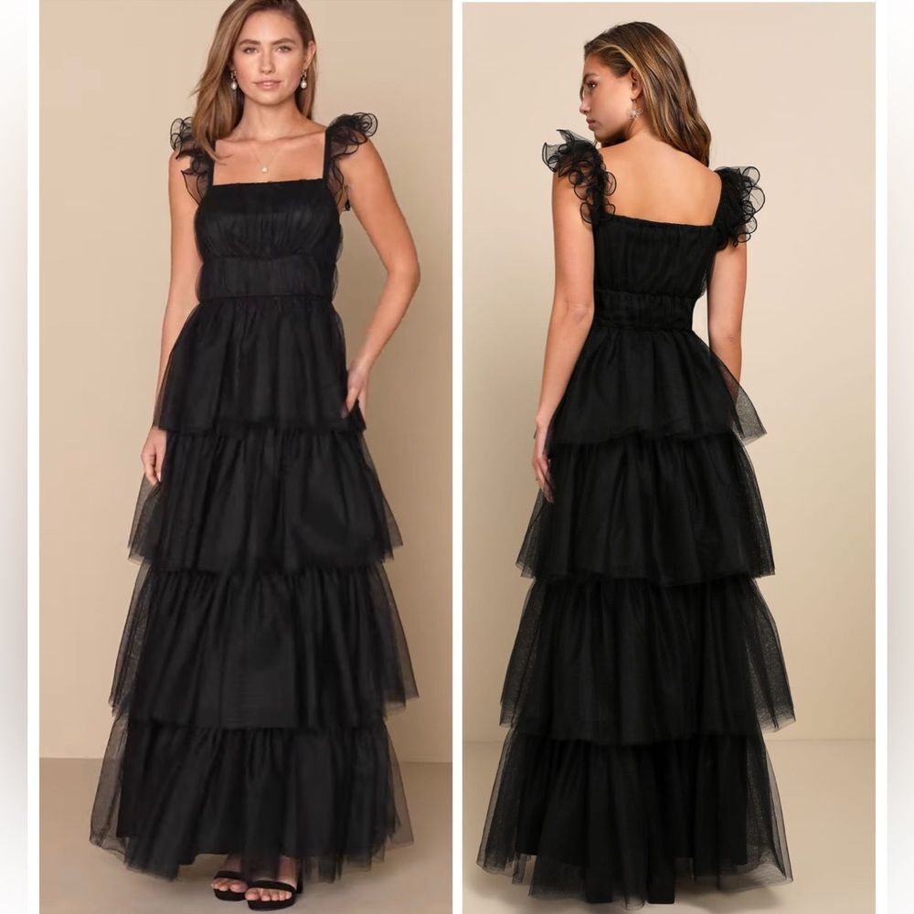 Lulus Tulle For Love Black Mesh Tulle Tiered Ruffled Maxi Dress Size XL Formal